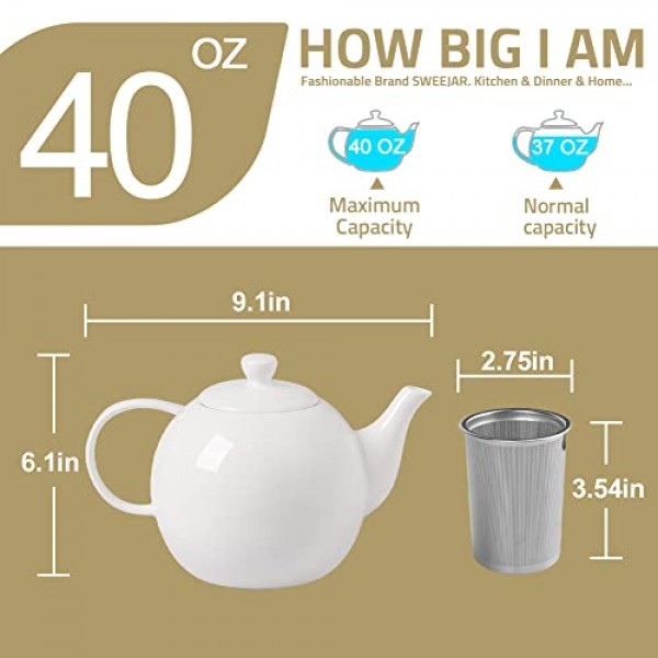 인퓨저와 뚜껑이 있는 Sweejar 도자기 찻주전자, 필터가 있는 차 도구 40 OZ 차/커피/우유/여성/사무실/가정/선물용(흰색)