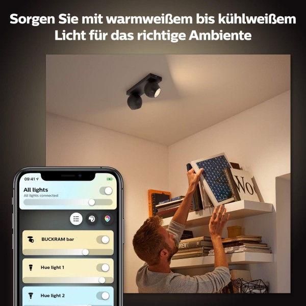 Philips Hue White Ambiance Buckram Spot 2플래그 블랙 2x250lm 조광 스위치 포함, 밝기 조절 가능, 모든 흰색 음영, 앱을 통해 제어 가능, Amazon Alexa(Echo, Echo Dot)와 호환, 1개(1팩)