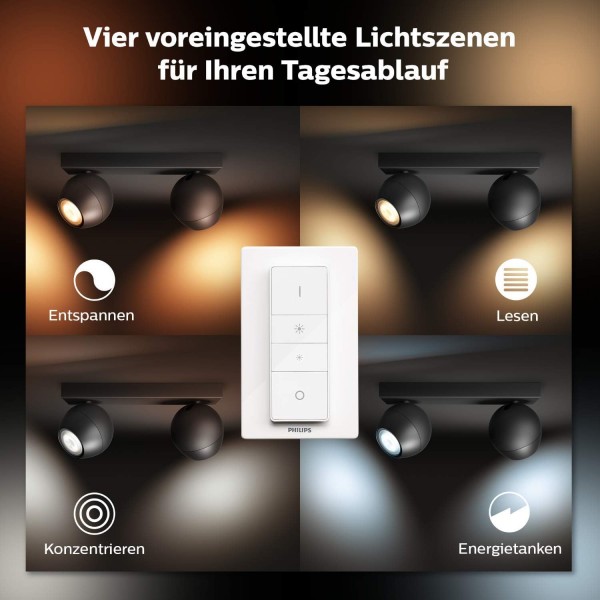 Philips Hue White Ambiance Buckram Spot 2플래그 블랙 2x250lm 조광 스위치 포함, 밝기 조절 가능, 모든 흰색 음영, 앱을 통해 제어 가능, Amazon Alexa(Echo, Echo Dot)와 호환, 1개(1팩)