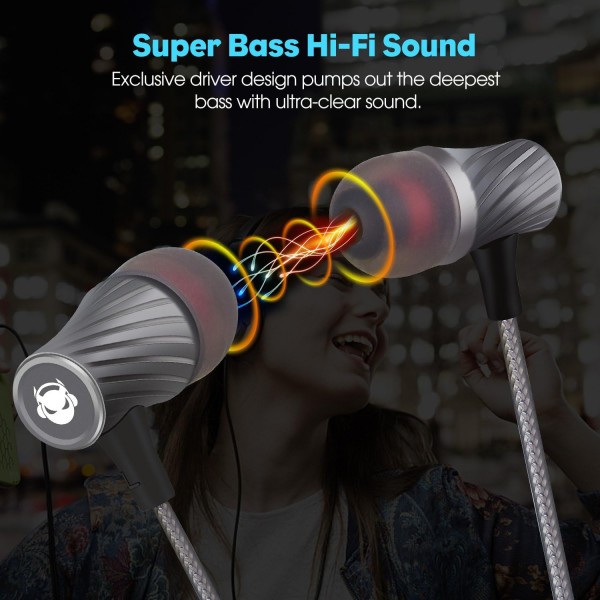 Mindbeast Super Bass 노이즈 캔슬링 인이어 마이크 및 와인드업 케이스 - 여성, 남성, 어린이를 위한 놀라운 음향 효과 및 게임 경험 - Apple, Samsung, Sony, Xbox와 호환되는 헤드