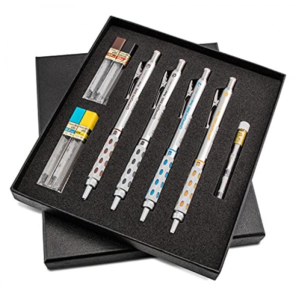 Pentel Arts GraphGear 1000 프리미엄 선물 세트(리필 심 및 지우개 포함)(PG1000BXSET), 검정색, 0.3mm, 0.5mm, 0.7mm, 0.9mm