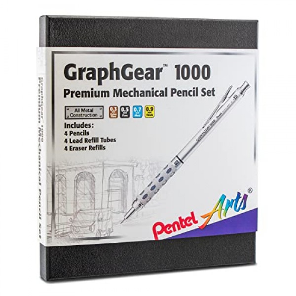 Pentel Arts GraphGear 1000 프리미엄 선물 세트(리필 심 및 지우개 포함)(PG1000BXSET), 검정색, 0.3mm, 0.5mm, 0.7mm, 0.9mm