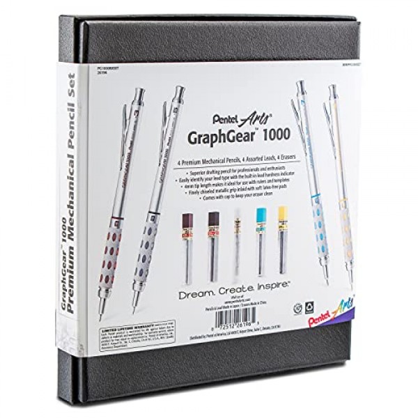 Pentel Arts GraphGear 1000 프리미엄 선물 세트(리필 심 및 지우개 포함)(PG1000BXSET), 검정색, 0.3mm, 0.5mm, 0.7mm, 0.9mm