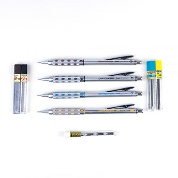 Pentel Arts GraphGear 1000 프리미엄 선물 세트(리필 심 및 지우개 포함)(PG1000BXSET), 검정색, 0.3mm, 0.5mm, 0.7mm, 0.9mm