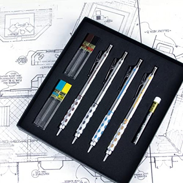 Pentel Arts GraphGear 1000 프리미엄 선물 세트(리필 심 및 지우개 포함)(PG1000BXSET), 검정색, 0.3mm, 0.5mm, 0.7mm, 0.9mm