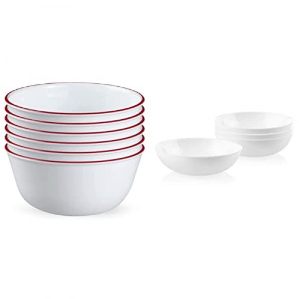 Corelle, 유리 28온스 레드 밴드 그릇 6팩 및 4개 식사 그릇 세트, 4인용 서비스, 내구성이 뛰어나고 친환경적인 9-1/4인치 그릇, 컴팩트 스택 그릇 세트, 전자레인지 및 식