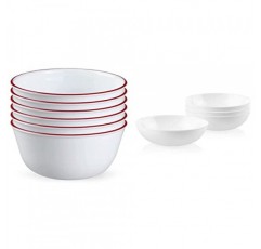 Corelle, 유리 28온스 레드 밴드 그릇 6팩 및 4개 식사 그릇 세트, 4인용 서비스, 내구성이 뛰어나고 친환경적인 9-1/4인치 그릇, 컴팩트 스택 그릇 세트, 전자레인지 및 식