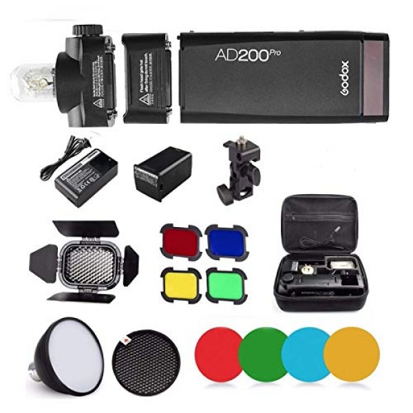 Godox AD200 Pro AD200Pro 플래시 스트로브 스피드라이트 200Ws 2.4G, 1/8000 HSS, 500회 최대 전력 플래시, 0.01-1.8s 재활용, 2900mAh 배터리, 베어 전구/스피드라이트 프레넬 플래시 헤
