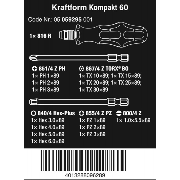 Wera Kraftform Kompakt 60 비트 홀딩 스크루드라이버 및 비트 세트, PH/PZ/SL/TXBO/HEX, 17pc, 05059295001 및 416 R T-핸들 비트 홀딩 스크루드라이버 Rapidaptor, 1/4