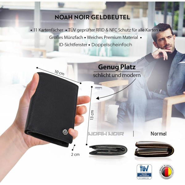 Noah Noir® 지갑 세로 형식 - TÜV 테스트 RFID 보호 - 큰 동전 수납 공간 남성 - 우아한 선물 상자가 있는 큰 지갑 - 원숭이(검은색)