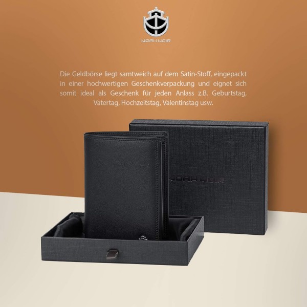 Noah Noir® 지갑 세로 형식 - TÜV 테스트 RFID 보호 - 큰 동전 수납 공간 남성 - 우아한 선물 상자가 있는 큰 지갑 - 원숭이(검은색)