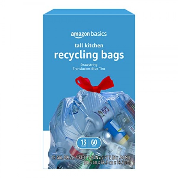 Amazon Basics 파란색 재활용 쓰레기 봉투, 무향, 13갤런, 60개