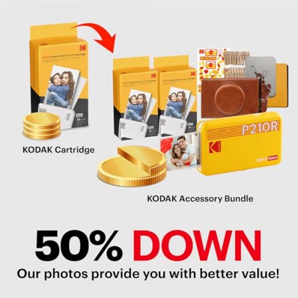 KODAK 미니 2 레트로 4PASS 휴대용 포토 프린터(2.1x3.4인치) + 68매 선물 번들, 노란색