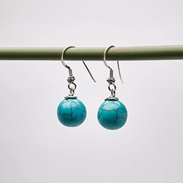 TreasureBay 여성용 핸드메이드 12mm 천연 블루 청록색 청록색 귀걸이, 청록색