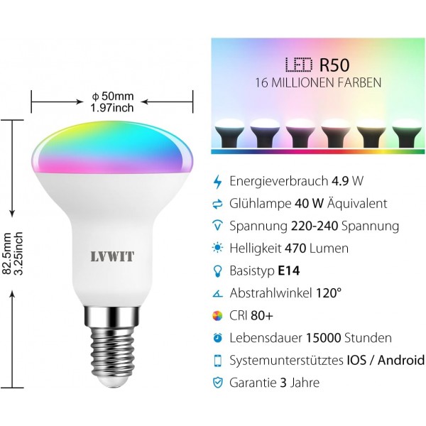 LVWIT WiFi 스마트 R50 스포트라이트 전구, 조광 가능 E14 스마트 LED 전구, 4.9W 반사판 R50 전구, 40W 교체, 470LM, Alexa 및 Google 홈과 호환 가능, TUYA 앱, 220-240V(4개) 4개(1개 팩)