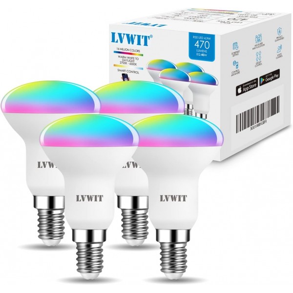 LVWIT WiFi 스마트 R50 스포트라이트 전구, 조광 가능 E14 스마트 LED 전구, 4.9W 반사판 R50 전구, 40W 교체, 470LM, Alexa 및 Google 홈과 호환 가능, TUYA 앱, 220-240V(4개) 4개(1개 팩)