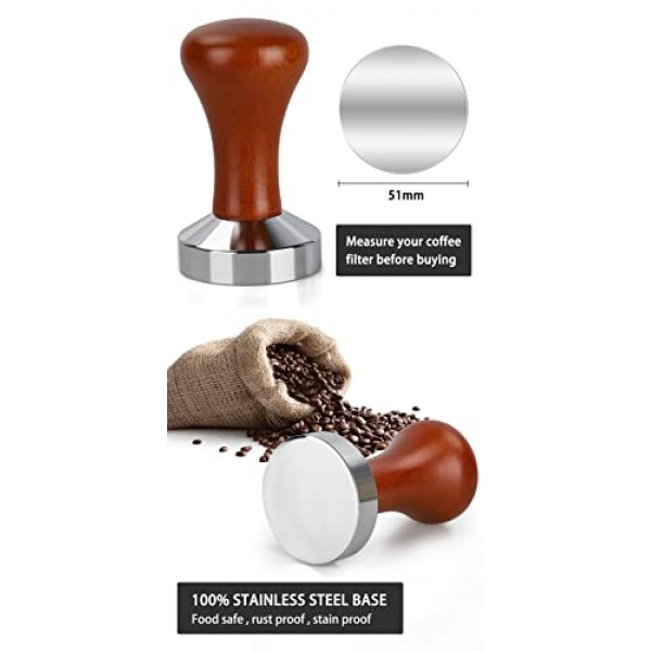 51mm 에스프레소 탬퍼-프리미엄 바리스타 커피 탬퍼 커피 탬퍼 클래식 시리즈 스테인레스 스틸 에스프레소 탬퍼 커피 프레스 도구 탬퍼 에스프레소 핸들, 90x51mm, 원목, 