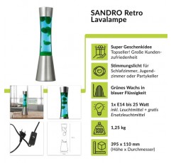Light Experiences 라바 램프 산드로 블루 그린 39.5cm 높이 케이블 스위치 포함 조명 포함 라바 램프 무드등