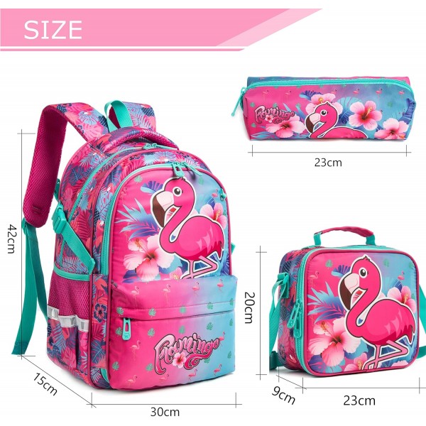 HTgroce School Backpack Girls Teenager Boys Backpack Boys Lunch Box Drawing Bag for Kids & Pencil Case for Girls Boys & Lunch Bag for Kids Boys. 핑크 - 플라밍고