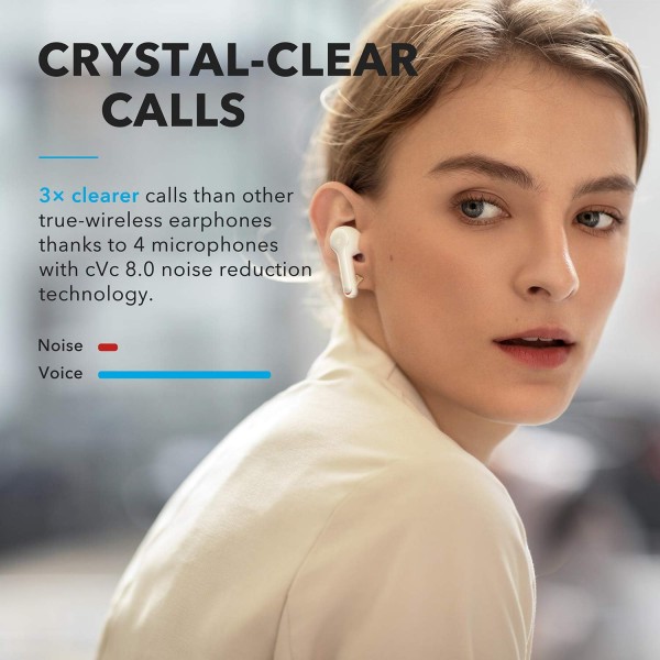 Anker Liberty Air 2 Bluetooth 헤드폰, 다이아몬드 모양 오디오 드라이버, 마이크 4개, 28시간 배터리, 맞춤형 HearID EQ, 소음 차단 기능이 있는 Bluetooth 5(흰색)의 soundcore