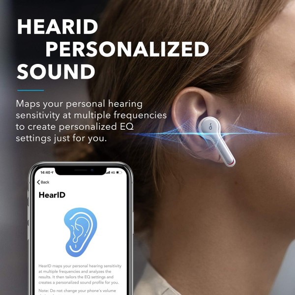 Anker Liberty Air 2 Bluetooth 헤드폰, 다이아몬드 모양 오디오 드라이버, 마이크 4개, 28시간 배터리, 맞춤형 HearID EQ, 소음 차단 기능이 있는 Bluetooth 5(흰색)의 soundcore