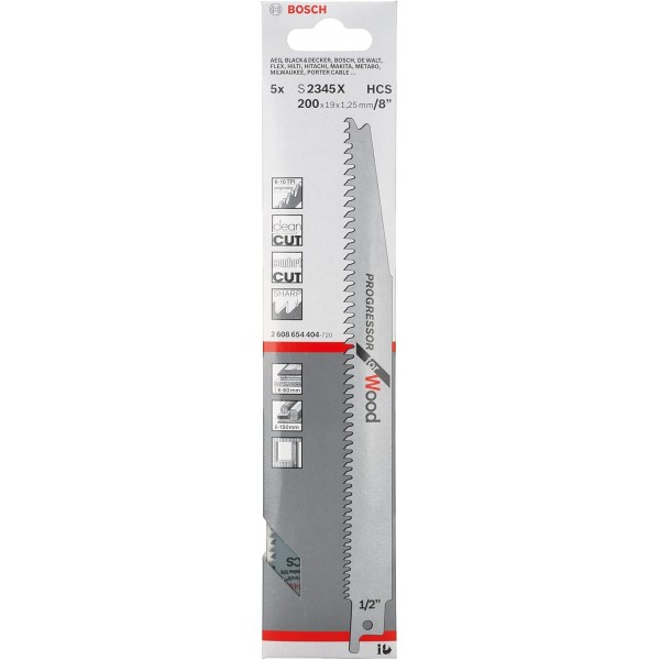 Bosch Professional 5개 조각 Saber Saw Blade S 2345 X Progressor for Wood(목재용, 200 x 19 x 1.25mm, 세이버 톱 액세서리)