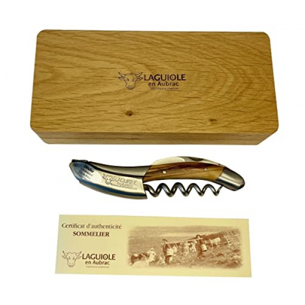 Laguiole En Aubrac 소믈리에 웨이터 코르크따개, 올리브나무 손잡이, 포일 커터가 있는 와인 오프너 및 병따개, 브러시드 볼스터