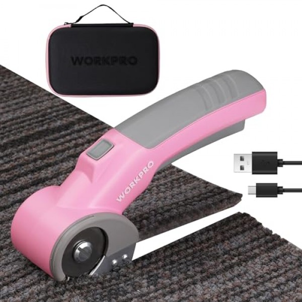 WORKPRO 무선 전기 가위, 판지 카펫 가죽 플라스틱용 4V 로터리 커터, 보관 케이스가 있는 2000mAh 충전식 강력한 가위