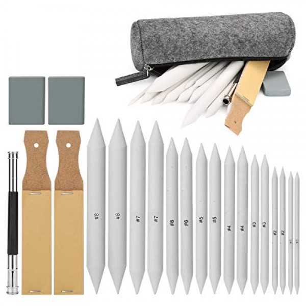 AGPTEK 22 PCS 스케치 그리기 도구, 2개의 사포 연필깎이가 포함된 블렌딩 그루터기 16개, 연필 연장 도구 1개, 지우개 2개 및 학생 스케치 그리기 액세서리용 펠트 가방 1개