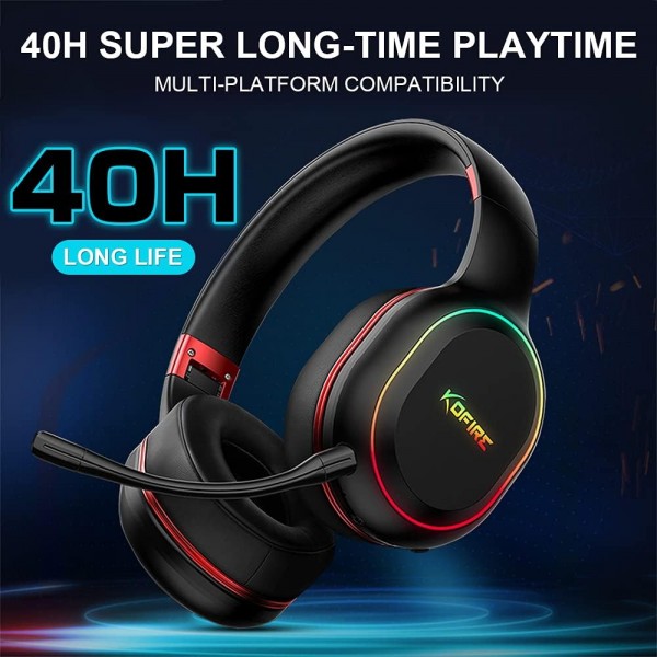 SLuB 게임용 헤드셋 무선 게임용 헤드셋 3.5mm 유선/무선 연결 게임용 진동 효과 탈착식 HD 마이크 PC, PS4, PS5용 컬러 주변 조명(검은색 및 빨간색)