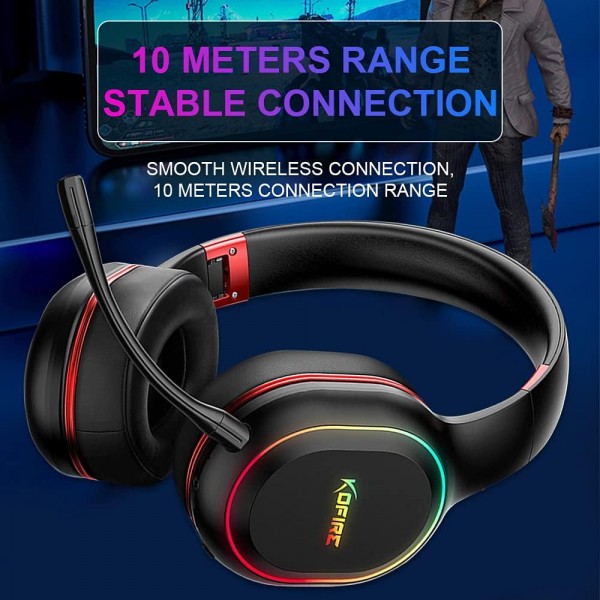 SLuB 게임용 헤드셋 무선 게임용 헤드셋 3.5mm 유선/무선 연결 게임용 진동 효과 탈착식 HD 마이크 PC, PS4, PS5용 컬러 주변 조명(검은색 및 빨간색)