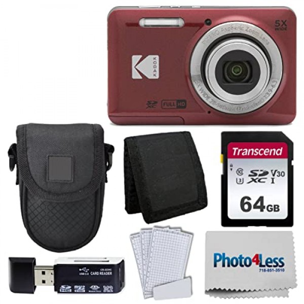 Kodak PIXPRO FZ55 디지털 카메라(레드) + 블랙 포인트 앤 샷 카메라 케이스 + 트랜센드 64GB SD 메모리 카드 + 3단 접이식 메모리 카드 지갑 + 고속 SD USB 카드 리더 + 기타!