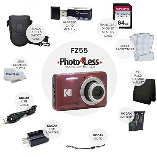 Kodak PIXPRO FZ55 디지털 카메라(레드) + 블랙 포인트 앤 샷 카메라 케이스 + 트랜센드 64GB SD 메모리 카드 + 3단 접이식 메모리 카드 지갑 + 고속 SD USB 카드 리더 + 기타!