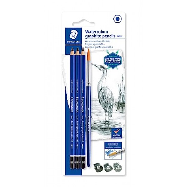 STAEDTLER Mars Lumograph 흑연 수채화 연필 키트, 3개 세트, 수채화 브러시 포함, 100A-SBK4