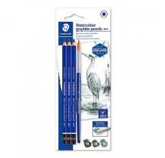 STAEDTLER Mars Lumograph 흑연 수채화 연필 키트, 3개 세트, 수채화 브러시 포함, 100A-SBK4