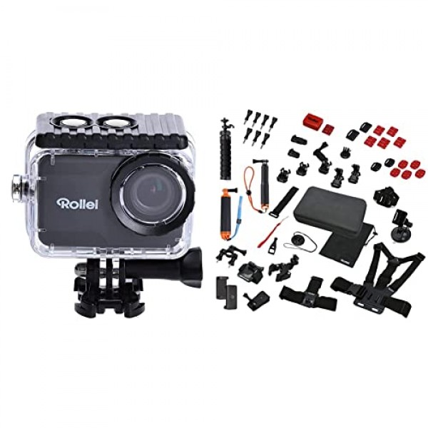 Rollei Actioncam 11S Plus 방수 액션캠 & 21643 Actioncam 액세서리 세트 스포츠 XL - 가방, 미니 삼각대, 셀카봉, GoPro 액션캠을 포함한 49피스 액세서리 세트