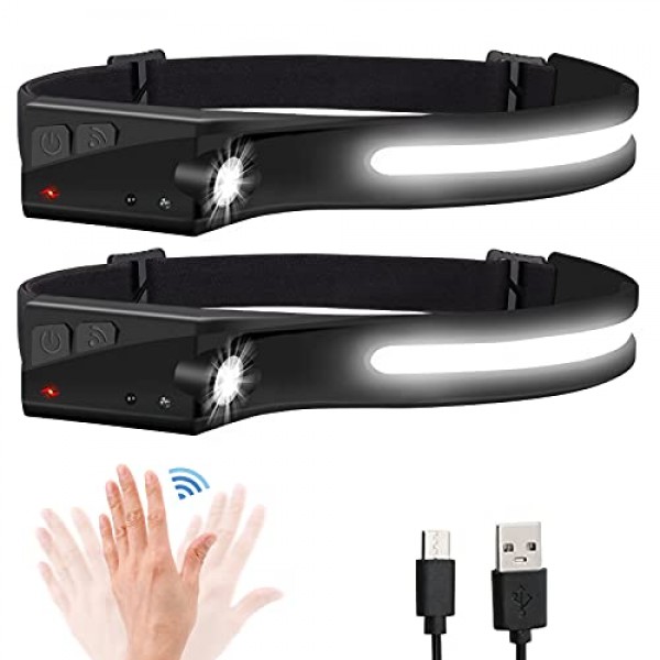 전조등 손전등, 2팩 충전식 LED 전조등 1200Lumens 2 COB 230°Wide Beam Headlight with Motion Sensor 밝은 5가지 모드 야외 달리기, 캠핑 하이킹용 경량 방수 헤드 램프 Black+black