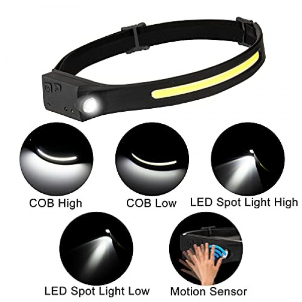 전조등 손전등, 2팩 충전식 LED 전조등 1200Lumens 2 COB 230°Wide Beam Headlight with Motion Sensor 밝은 5가지 모드 야외 달리기, 캠핑 하이킹용 경량 방수 헤드 램프 Black+black