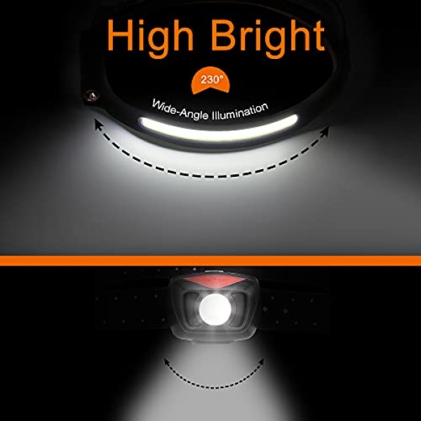 전조등 손전등, 2팩 충전식 LED 전조등 1200Lumens 2 COB 230°Wide Beam Headlight with Motion Sensor 밝은 5가지 모드 야외 달리기, 캠핑 하이킹용 경량 방수 헤드 램프 Black+black