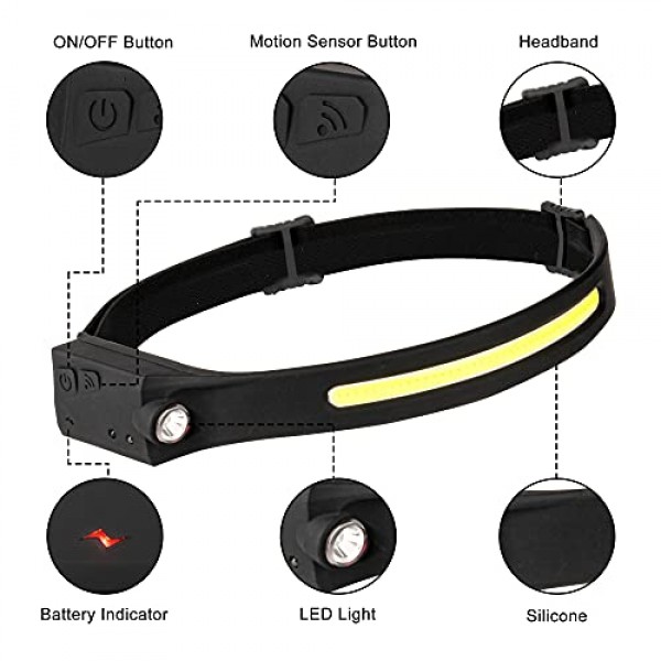전조등 손전등, 2팩 충전식 LED 전조등 1200Lumens 2 COB 230°Wide Beam Headlight with Motion Sensor 밝은 5가지 모드 야외 달리기, 캠핑 하이킹용 경량 방수 헤드 램프 Black+black