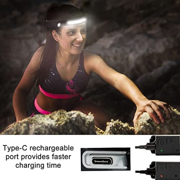 전조등 손전등, 2팩 충전식 LED 전조등 1200Lumens 2 COB 230°Wide Beam Headlight with Motion Sensor 밝은 5가지 모드 야외 달리기, 캠핑 하이킹용 경량 방수 헤드 램프 Black+black