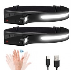 전조등 손전등, 2팩 충전식 LED 전조등 1200Lumens 2 COB 230°Wide Beam Headlight with Motion Sensor 밝은 5가지 모드 야외 달리기, 캠핑 하이킹용 경량 방수 헤드 램프 Black+black
