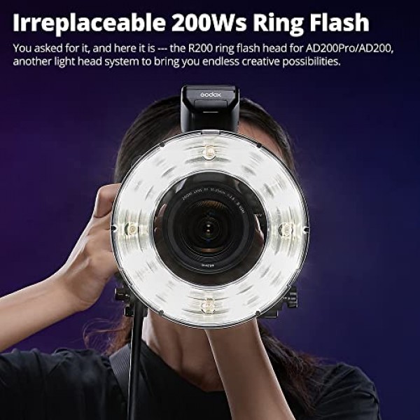 Godox R200 링 매크로 플래시 헤드, 200Ws 고출력 링 인물 촬영, Godox AD200/200Pro 야외 인물 촬영, 웨딩 촬영용