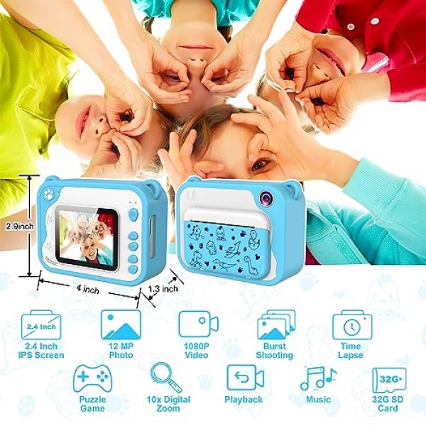 Ukuu 즉석 카메라 2.4인치 1080P 어린이용 카메라(인쇄 용지 3롤과 어린이를 위한 5색 브러시 펜 선물 포함) 크리스마스를 위한 32GB 메모리 카드가 포함된 흑백 사진 카메