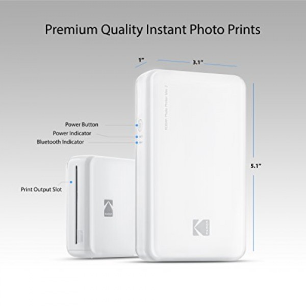 Zink Kodak Mini 2 HD 무선 휴대용 모바일 인스턴트 포토 프린터, 소셜 미디어 사진 인쇄, 프리미엄 품질 풀 컬러 인쇄 – iOS 및 Android 장치와 호환 가능(흰색)