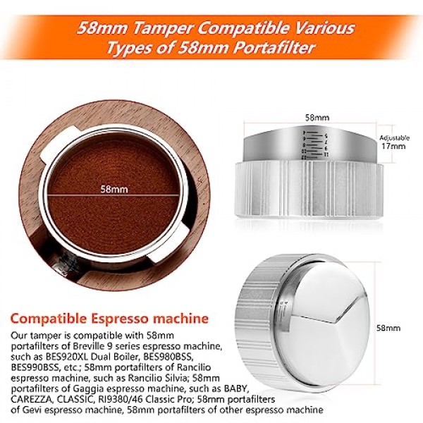 IKAPE 58MM 커피 디스트리뷰터, 스케일이 있는 조절 가능한 깊이 에스프레소 디스트리뷰터, 모든 58.35MM 에스프레소 포터필터에 적합, 58.35MM Rancilio 하단 포터필터(실버)와