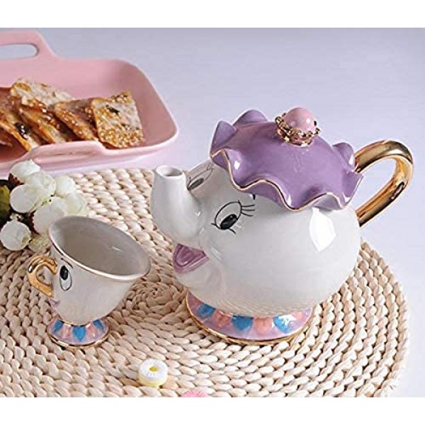 YOFXZGR 미녀와 야수 만화 Mrs.Potts 칩 차 주전자 & 컵 세트 주전자 머그컵 Potts 조각 세라믹 주전자(찻주전자 & 2컵)