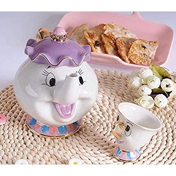 YOFXZGR 미녀와 야수 만화 Mrs.Potts 칩 차 주전자 & 컵 세트 주전자 머그컵 Potts 조각 세라믹 주전자(찻주전자 & 2컵)