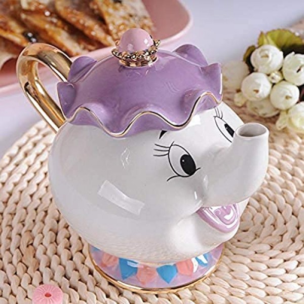 YOFXZGR 미녀와 야수 만화 Mrs.Potts 칩 차 주전자 & 컵 세트 주전자 머그컵 Potts 조각 세라믹 주전자(찻주전자 & 2컵)