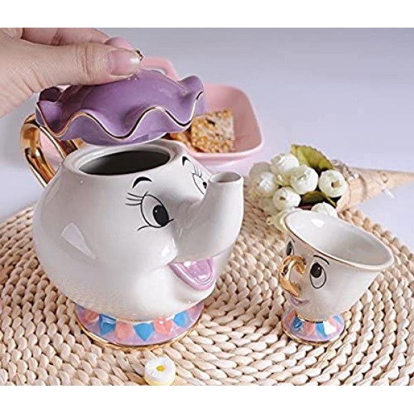 YOFXZGR 미녀와 야수 만화 Mrs.Potts 칩 차 주전자 & 컵 세트 주전자 머그컵 Potts 조각 세라믹 주전자(찻주전자 & 2컵)